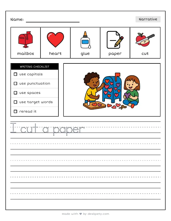 Decorating a paper mailbox for a classroom card exchange — real worksheet preview with word bank and writing lines