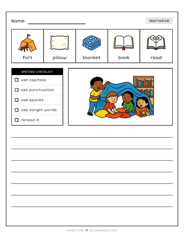 Building a cozy reading fort with pillows and blankets in the library corner — real worksheet preview with word bank and writing lines