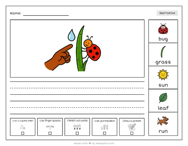 a ladybug crawling up a dew-covered blade of grass — real worksheet preview with word bank and writing lines