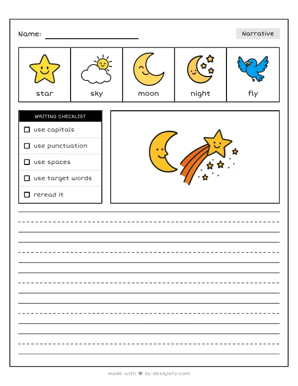 A bright shooting star zooming across the dark night sky — real worksheet preview with word bank and writing lines