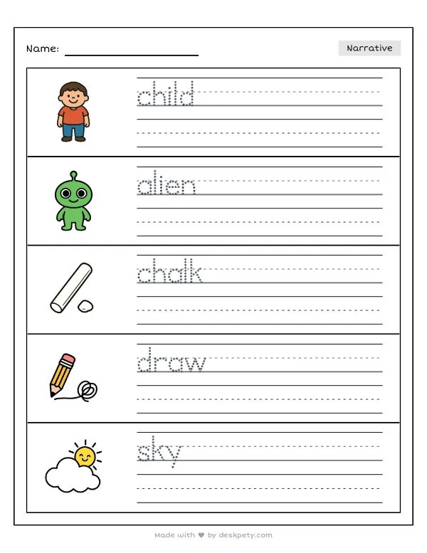 A child drawing a picture of aliens on a chalkboard — real worksheet preview with word bank and writing lines