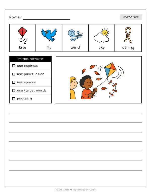 Flying a kite on a chilly, windy fall afternoon — real worksheet preview with word bank and writing lines