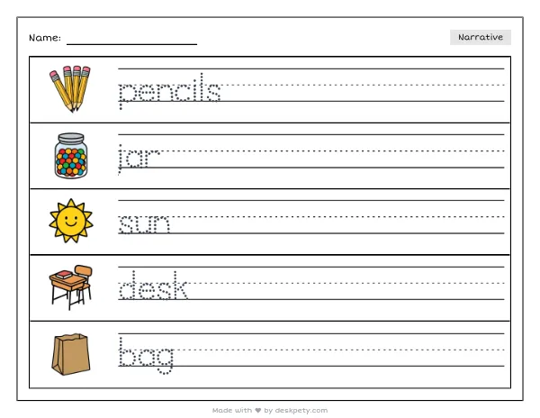 Free printable Kindergarten write and draw worksheet - A jar of freshly sharpened pencils catching morning sunlight on a classroom windowsill tracing sentence and coloring page (page 1 of 4)