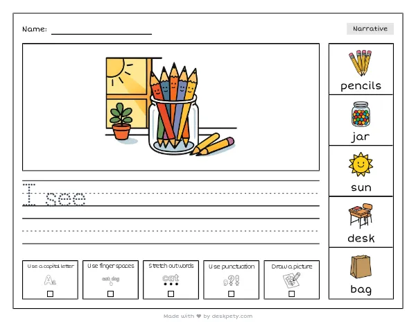 A jar of freshly sharpened pencils catching morning sunlight on a classroom windowsill — real worksheet preview with word bank and writing lines
