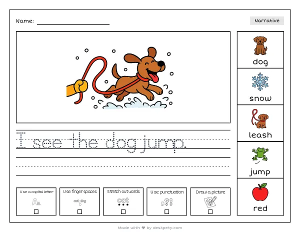 A dog bounding through deep snow with a red leash — real worksheet preview with word bank and writing lines