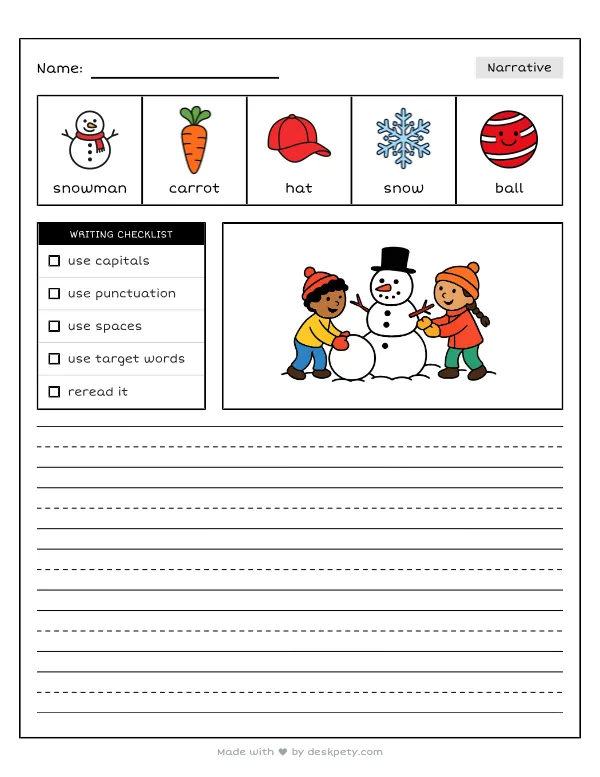 Building a snowman with a carrot nose and a top hat — real worksheet preview with word bank and writing lines