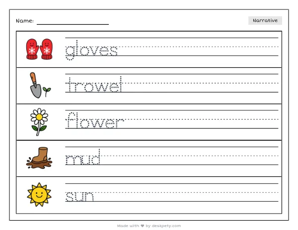 a pair of gardening gloves holding a small trowel near a flowerbed — real worksheet preview with word bank and writing lines
