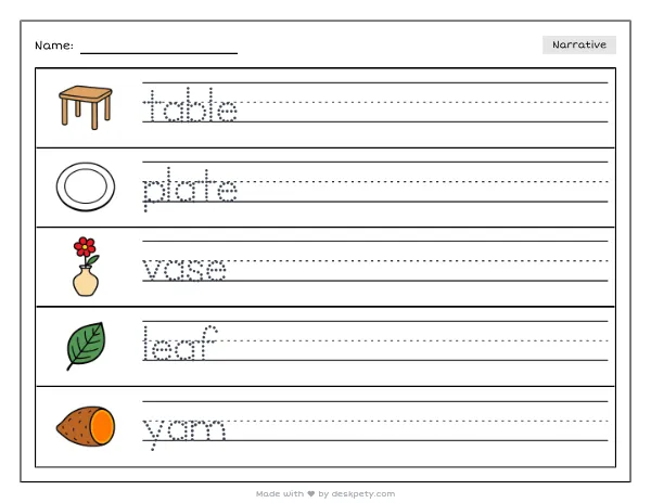 A table set with mismatched plates and a vase of dried leaves and wheat — real worksheet preview with word bank and writing lines