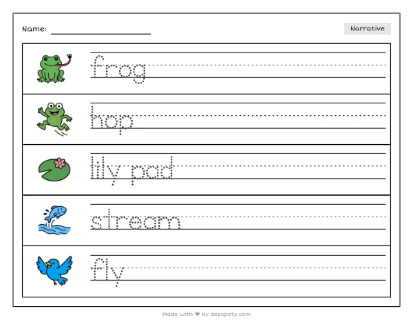 Free printable Kindergarten write and draw worksheet - A frog leaping from a lily pad into a clear stream tracing sentence and coloring page (page 1 of 4)