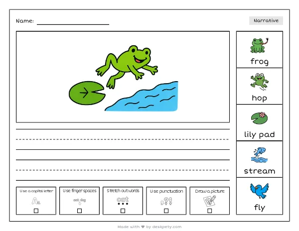 A frog leaping from a lily pad into a clear stream — real worksheet preview with word bank and writing lines