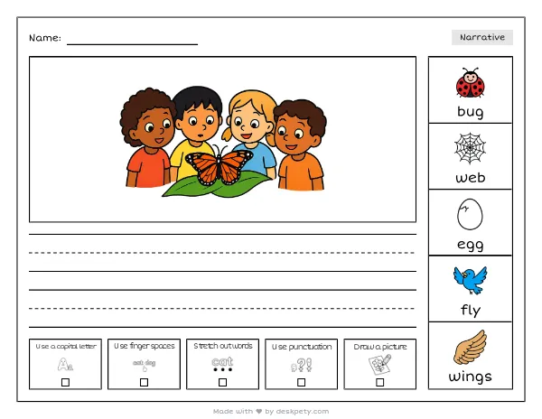 A butterfly emerging with damp, crumpled wings — real worksheet preview with word bank and writing lines