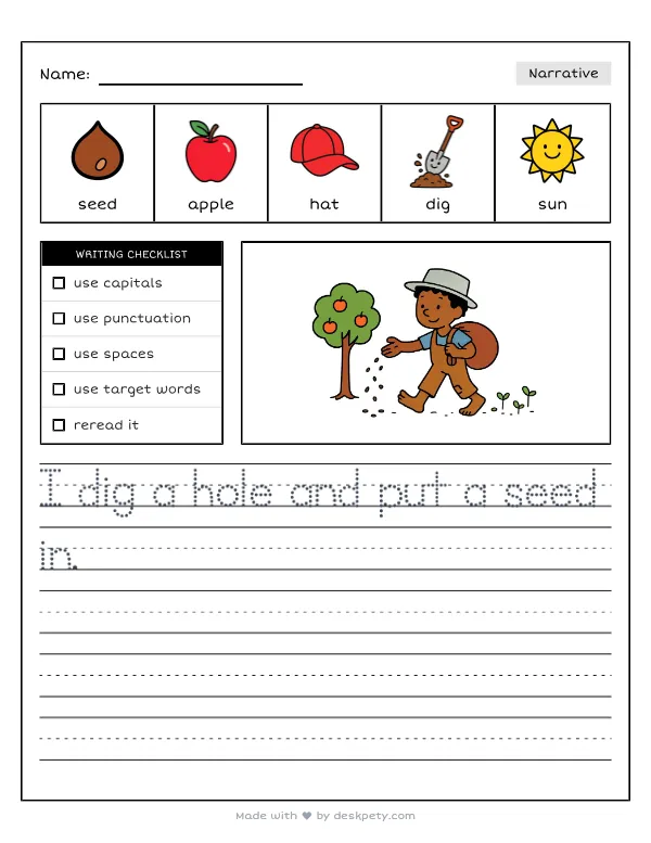 Johnny Appleseed walking barefoot and scattering tiny apple seeds — real worksheet preview with word bank and writing lines