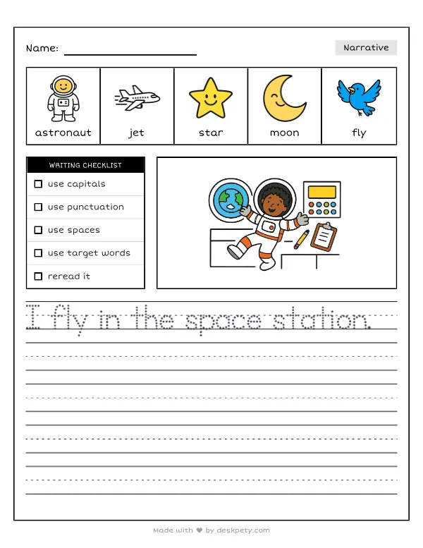 An astronaut floating weightlessly in zero gravity inside a space station — real worksheet preview with word bank and writing lines