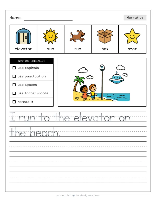A space elevator reaching from a beach all the way up to a space station — real worksheet preview with word bank and writing lines