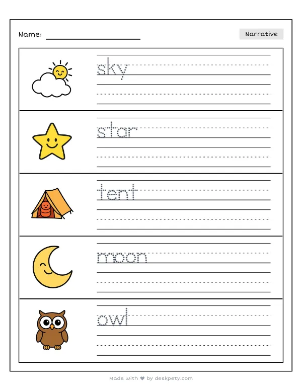 Free printable K-1 narrative writing prompt worksheet - Looking up at the starry night sky I see with word bank and handwriting lines