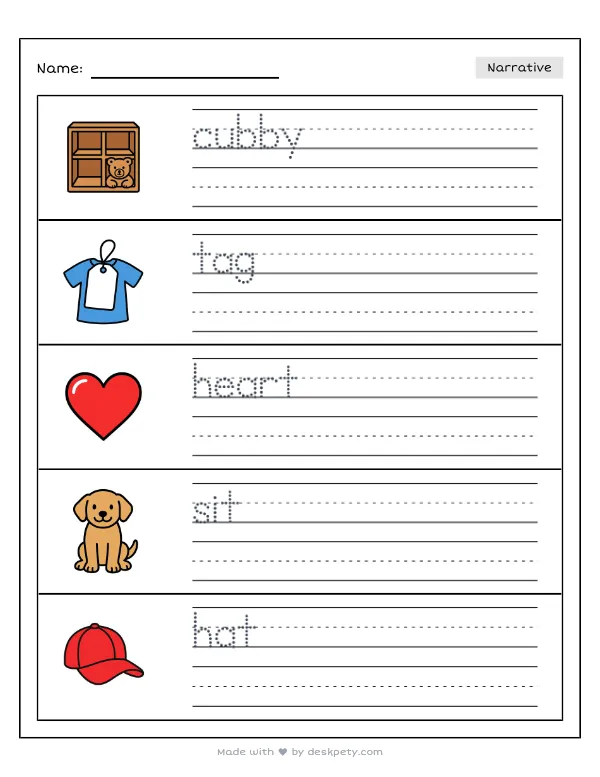 A row of colorful cubbies with each student's name tag and a tiny paper heart taped inside — real worksheet preview with word bank and writing lines