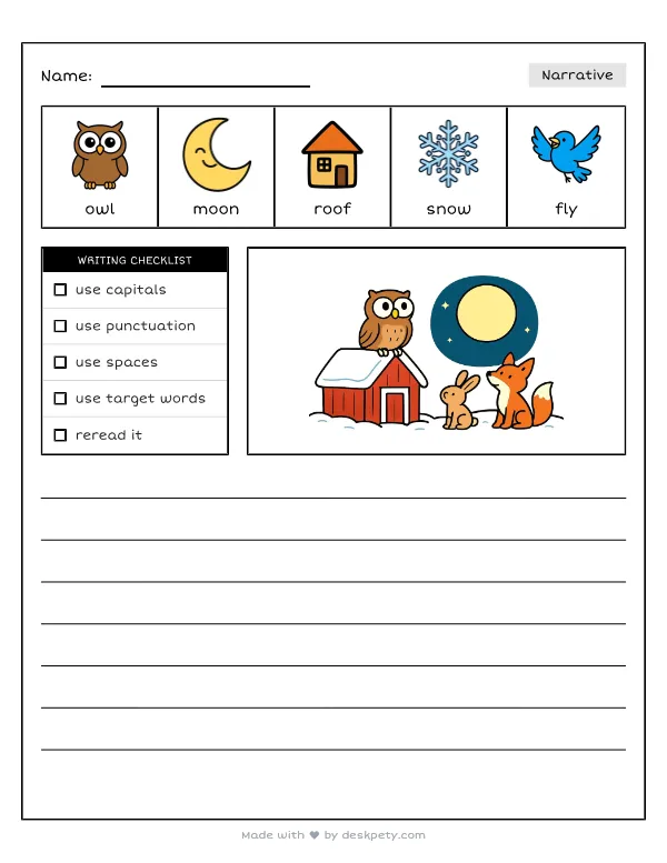 A moonlit owl perched on a snow-covered barn roof — real worksheet preview with word bank and writing lines