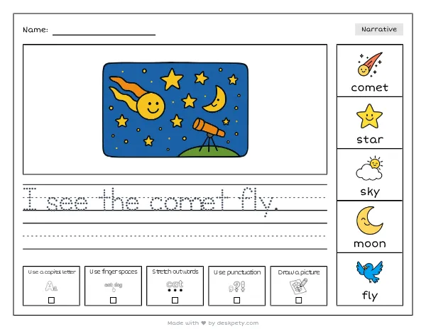 A comet streaking across a star-filled night sky — real worksheet preview with word bank and writing lines