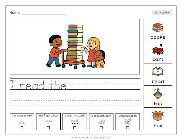 A towering stack of brand-new textbooks on a wooden library cart — real worksheet preview with word bank and writing lines