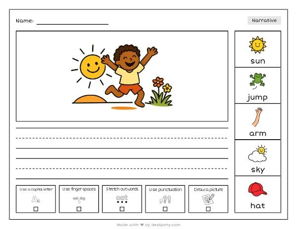 A silhouette of a child jumping with arms stretched wide at sunset — real worksheet preview with word bank and writing lines