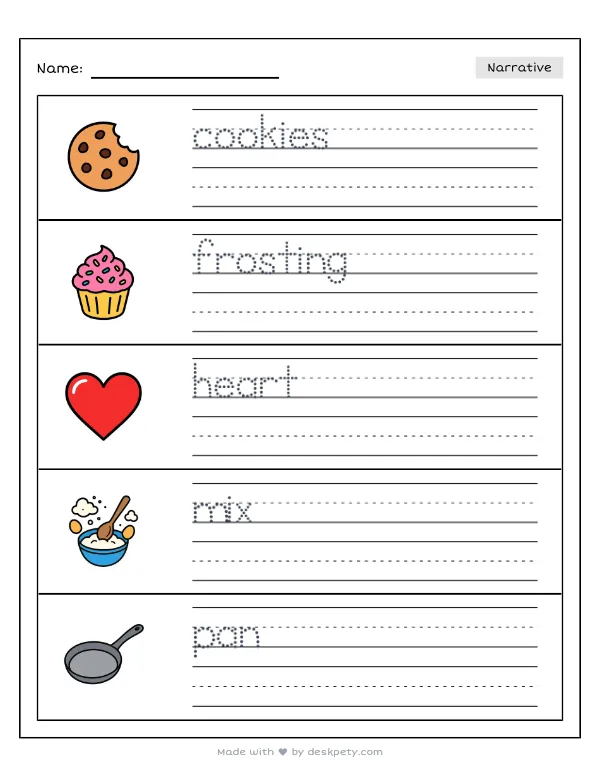 Baking sugar cookies decorated with pink and red frosting — real worksheet preview with word bank and writing lines