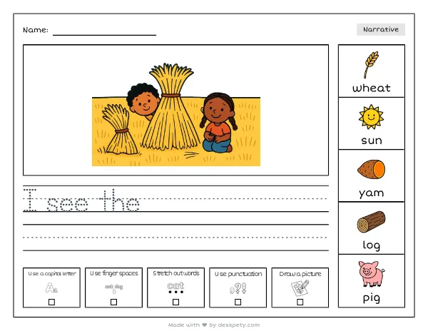 A stack of wheat sheaves in a field — real worksheet preview with word bank and writing lines