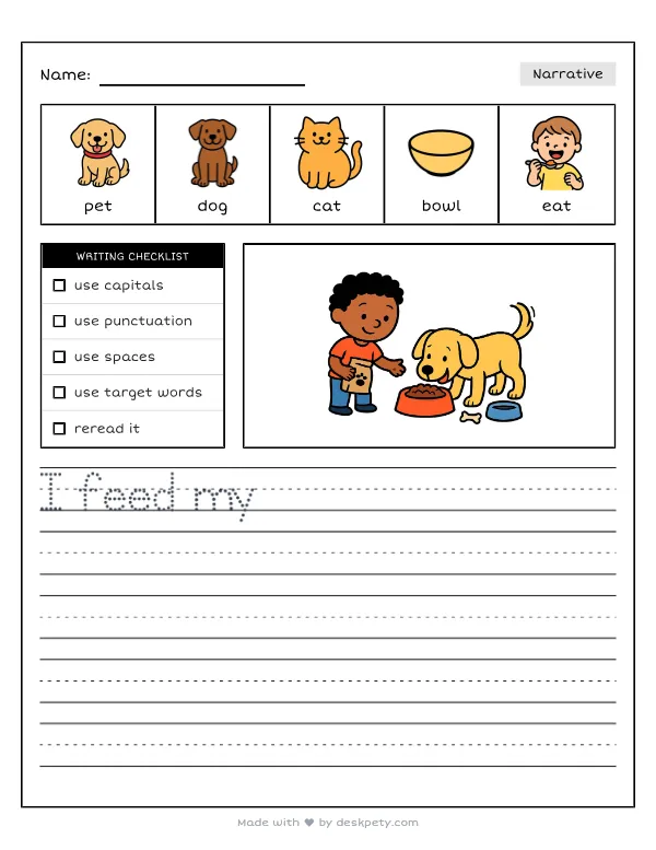 Free printable K-1 narrative writing prompt worksheet - Feeding my hungry pet every day is with word bank and handwriting lines