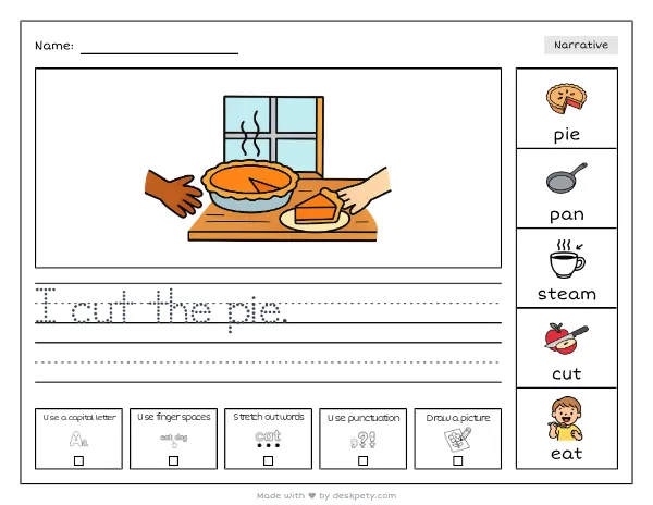 A steaming pumpkin pie cooling on a wooden windowsill — real worksheet preview with word bank and writing lines