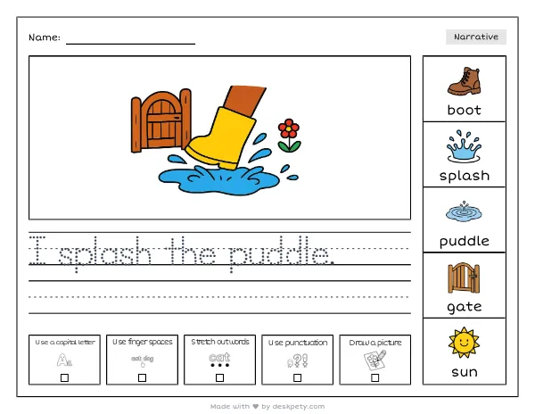 A child's rain boot splashing in a puddle by the school gate — real worksheet preview with word bank and writing lines