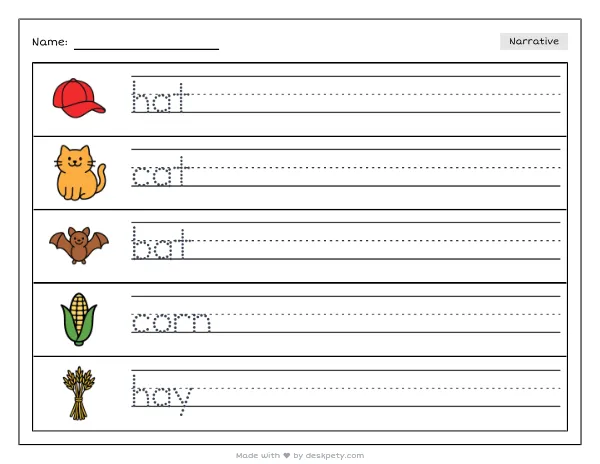 A witch's striped hat resting on a hay bale in a cornfield — real worksheet preview with word bank and writing lines