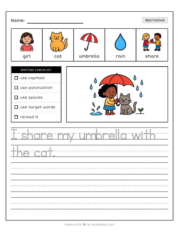 A rain-soaked child sharing an umbrella with a stray cat — real worksheet preview with word bank and writing lines