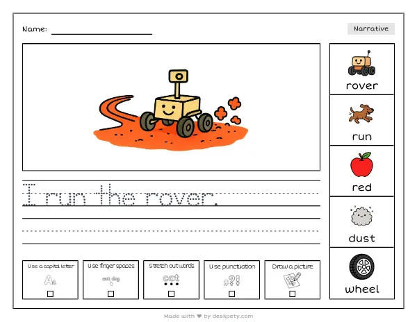 A tiny rover leaving wheel tracks in red dust — real worksheet preview with word bank and writing lines
