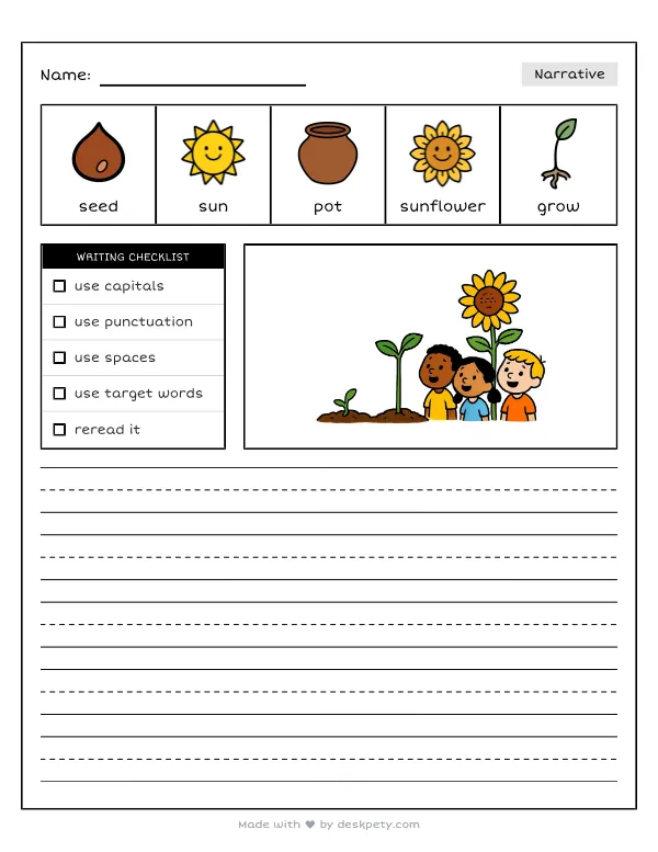 A small seed sprouting in the dirt and growing into a tall sunflower — real worksheet preview with word bank and writing lines