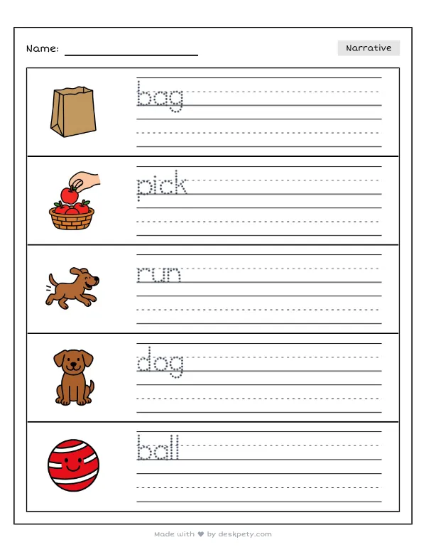 Free printable K-1 narrative writing prompt worksheet - Picking up trash at the park makes it with word bank and handwriting lines (page 1 of 5)