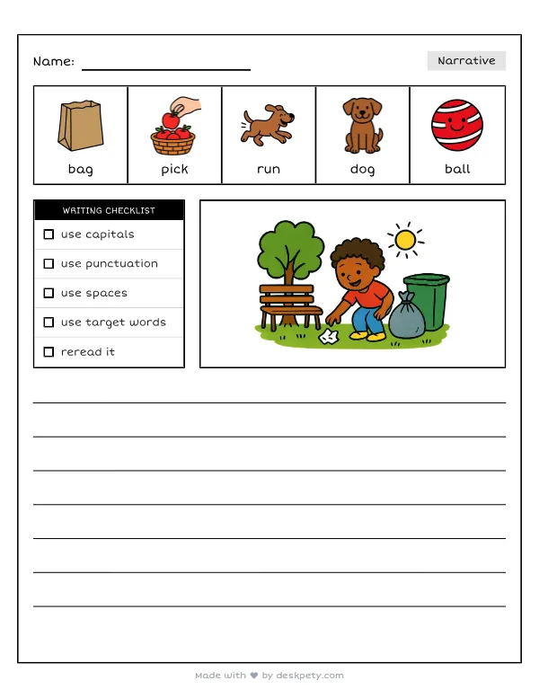 Free printable K-1 narrative writing prompt worksheet - Picking up trash at the park makes it with word bank and handwriting lines