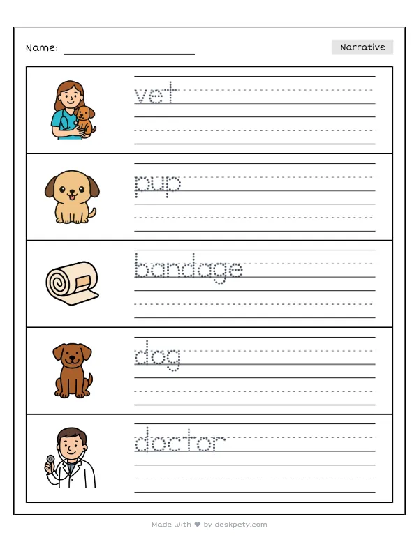 A gentle veterinarian putting a bandage on an injured puppy — real worksheet preview with word bank and writing lines