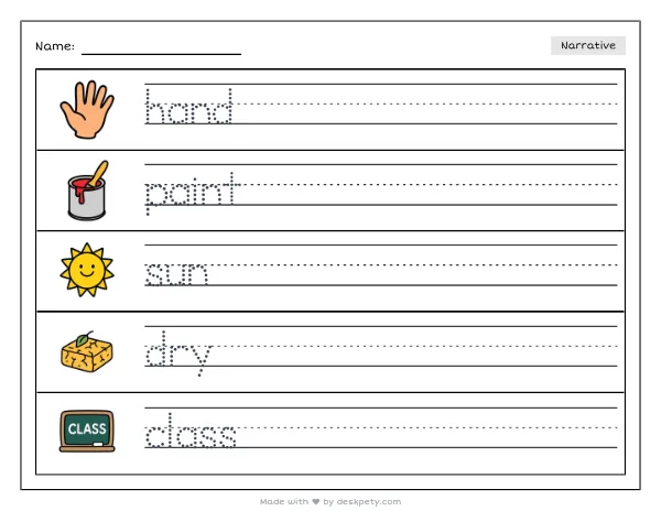 A shared mural of handprints drying on the windowsill — real worksheet preview with word bank and writing lines