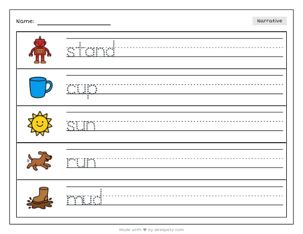 A lemonade stand with a dripping faucet — real worksheet preview with word bank and writing lines