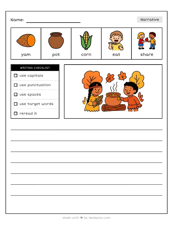 Native Americans sharing food in the autumn forest — real worksheet preview with word bank and writing lines
