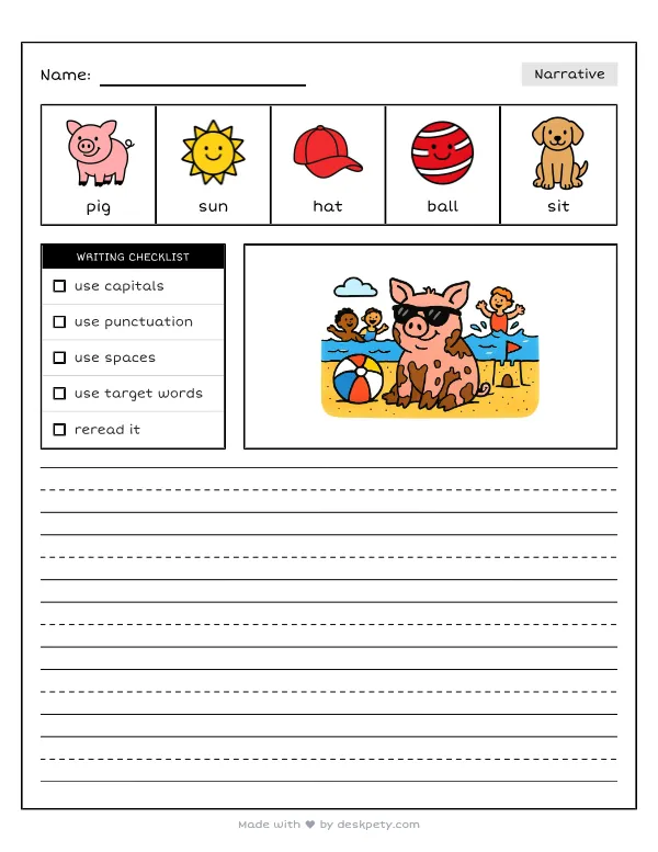 A muddy pig wearing cool sunglasses at the beach — real worksheet preview with word bank and writing lines
