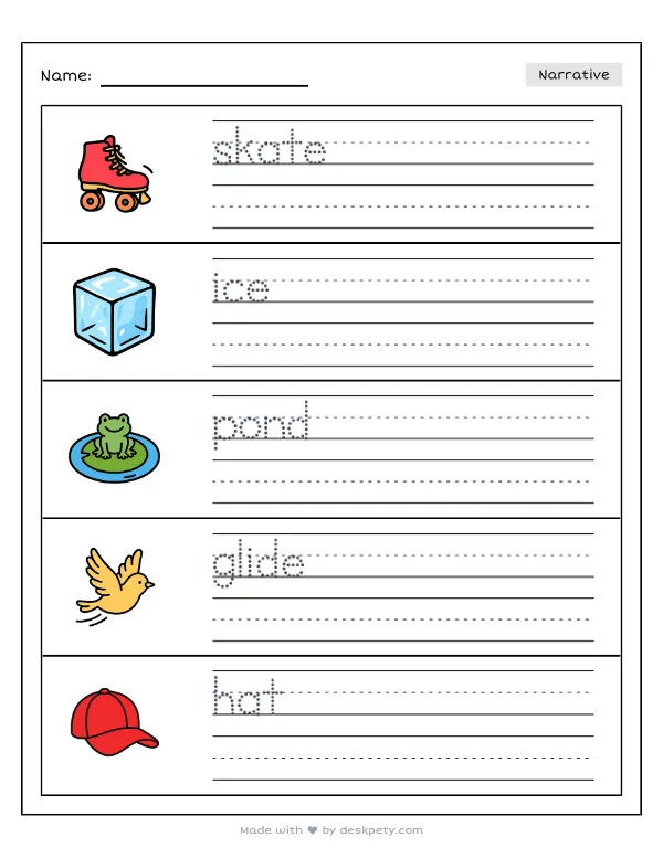 Preview of the ice skating on a frozen pond in the park writing worksheet — word bank, tracing lines and checklist (page 1 of 5)