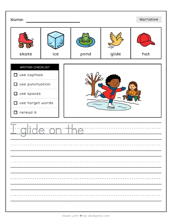 Ice skating on a frozen pond in the park — real worksheet preview with word bank and writing lines