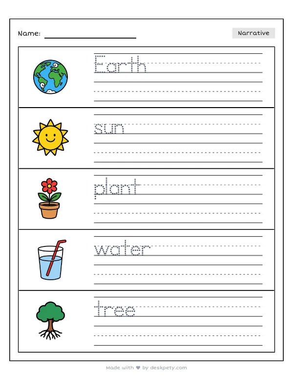 Free printable K-1 narrative writing prompt worksheet - The Earth is special because with word bank and handwriting lines