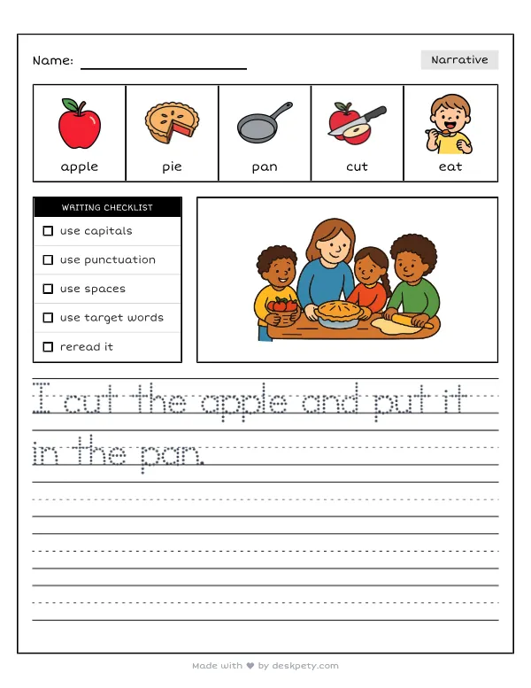 Baking a warm, delicious apple pie with family — real worksheet preview with word bank and writing lines