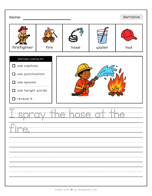 A brave firefighter using a large water hose to put out a fire — real worksheet preview with word bank and writing lines