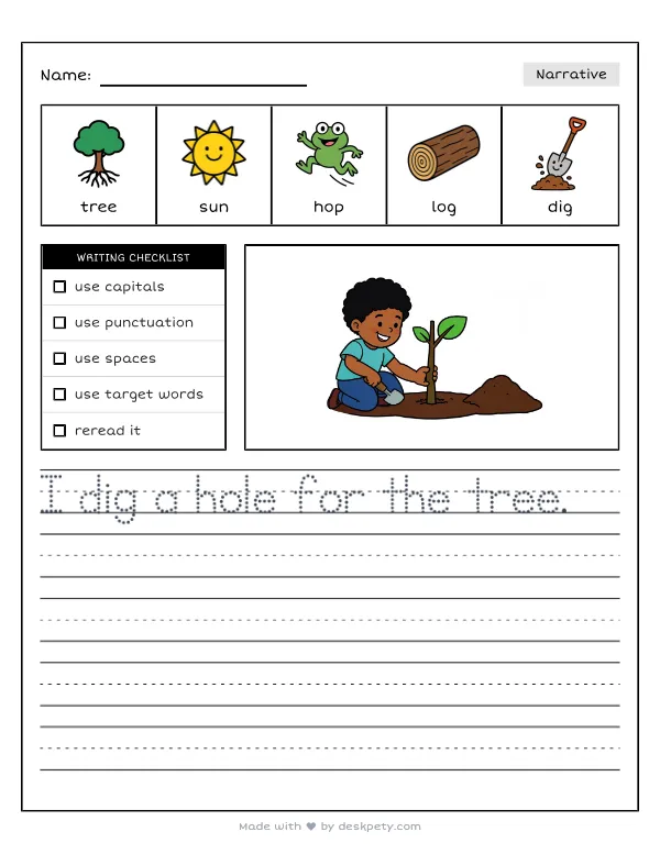 Free printable K-1 narrative writing prompt worksheet - Planting a green tree helps the with word bank and handwriting lines
