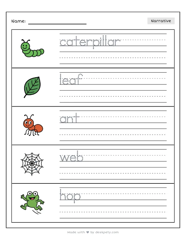 Free printable K-1 narrative writing prompt worksheet - A fuzzy caterpillar crawling slowly along the twig with word bank and handwriting lines