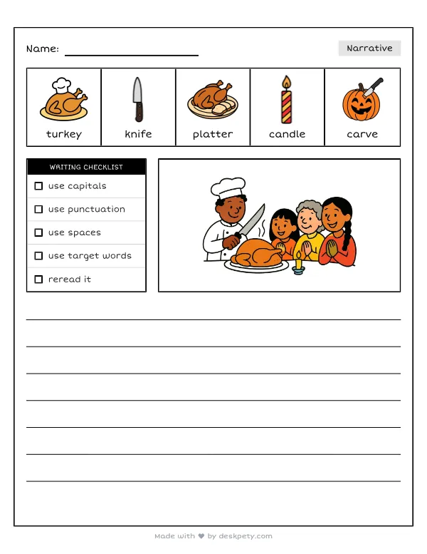 Carving a golden-brown turkey at a candlelit table — real worksheet preview with word bank and writing lines