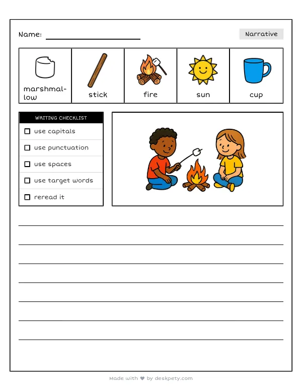 Free printable K-1 narrative writing prompt worksheet - My favorite camping snack to make is with word bank and handwriting lines