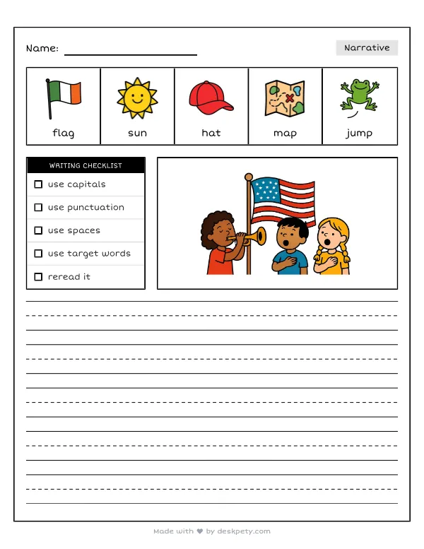 Free printable K-1 narrative writing prompt worksheet - Our national anthem is a song about with word bank and handwriting lines
